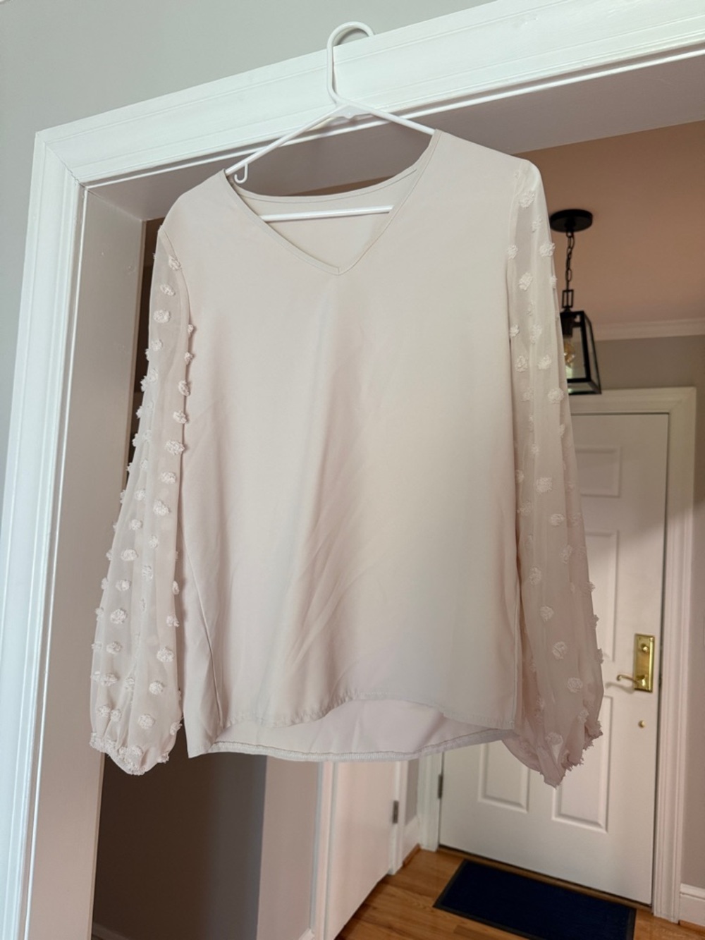 SHEIN Cream Sheer Dot-Sleeve V-Neck Blouse